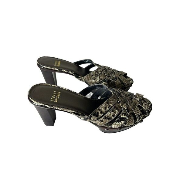 Stuart Weitzman 8M Snake Skin Woven Leather Pumps Sandals Studded Heel Slip On - Picture 7 of 7